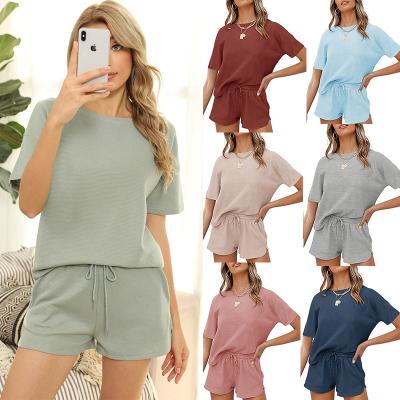 China Custom Women's Summer TT145 Two Piece Suit Solid Color Breathable Short Casual Waffle Dress Home Sleeve for sale