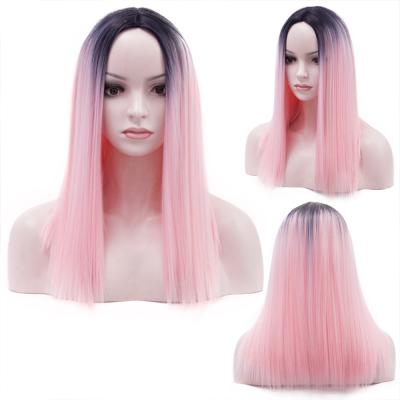 China Long Straight Hair Synthetic Lace Front Wig For Women Long Gradient Black Pink Straight Hair Wigs for sale