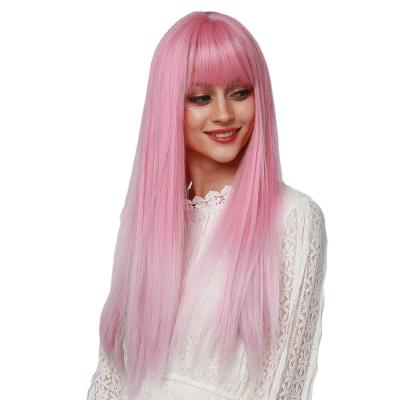 China Fashionable Long Straight Hair Wigs With Bangs Stylish Pink Dyed Long Straight High Temperature Silk Wigs for sale