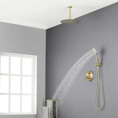 China Without Sliding Bar Brass Bathroom Shower System Brushed Gold Ceiling Mount Rainfall Shower With Shower Head for sale