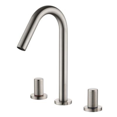 China Metered Faucets Brushed Nickel Finish Deck Mounted Brass Faucet Basin Hot Cold Water Faucet Mixer Tap 8 Inch Sink Faucet for Bathroom for sale