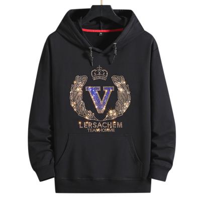 China Custom Anti-wrinkle OEM Soft Rhinestone Printing Hoodies Plus Size Multicolor Letter Rhinestones Printed Thick Drawstrings Hoodie For Men for sale