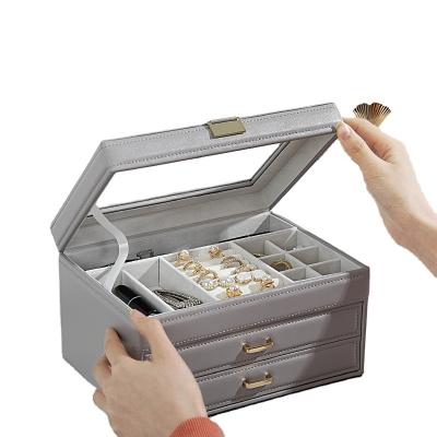 China Simple Modern Superb PU Leather Square High End Jewelry Box Drawer Organizers Jewelry Store Window for sale