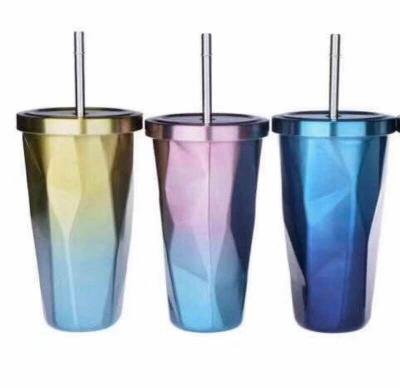 China 304 Stainless Steel Straw Cup Vacuum Coffee Mug Rhombic Custom Logo Water Cups for sale