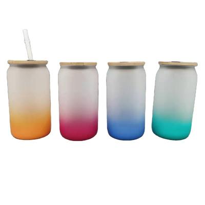 China Viable Bamboo Lid Gradient Gift Mug Sublimation Mug With Straw Color Bottom Frosted Clear Glass for sale