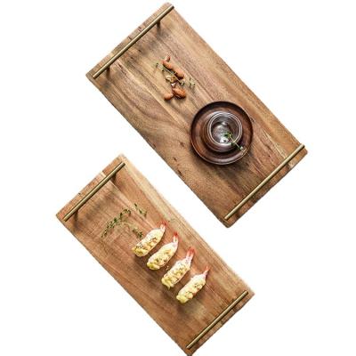 China New Arrival Home Rectangular Acacia Wood Dinner Dish with Stainless Steel Handle for Fruit Snack Dessert for sale