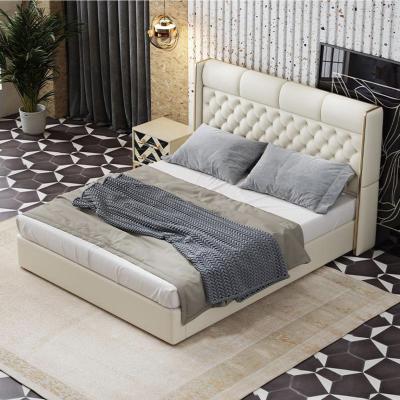 China Modern Luxury Genuine Leather Storage King Queen Size Tufted Bed Stainless Steel Wood Frame Bed Room Furniture Designer Comfort Set for sale