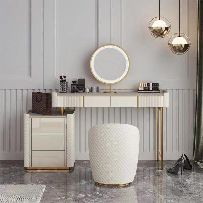 China Modern Beige Leather Storage Vanity Chair Sets With Mirror Vanity Tables Gold Stainless Steel Leg Dressers Bedroom Furniture for sale