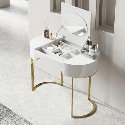 China Modern Storage Vanity Table with Light Metal Makeup Mirror Woman Evening Hair Dresser Mirrored Vanity Chair for sale