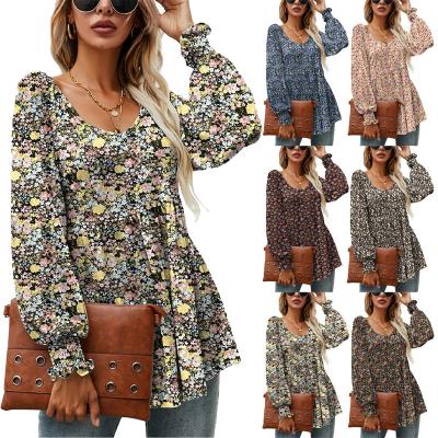 China New fashionable QUICK DRY fall sweater women's ladies floral print blouses women's long v-neck oversized puff sleeve sexy t-shirts for sale