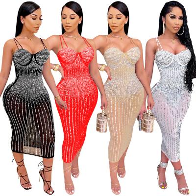 China anti-wrinkle new arrival bridle spring solid summer bodycon dress 2022 sexy club dresses sparkly rhinestone dress for sale