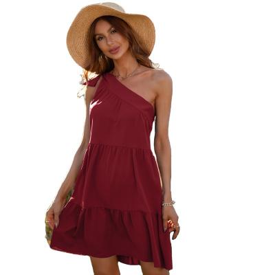 China 2022 Summer One Shoulder Simple Solid Chiffon Ruffle Breathable Fashion Girls Ladies Dresses Casual Sexy Plus Size Women's Dresses for sale