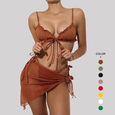 China Wholesale Custom Windproof 3 Pieces Swimsuits For Women Swimwear Sexy String Micro Bikini Set Cover Up Thong Swimwear Beach Wear for sale