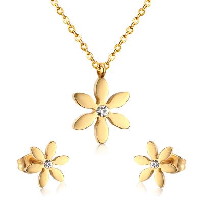 China Eco-Friendly Zircon Jewelry Set Women Stainless Steel Jewelry Fashionable Flower Type Earrings And Statement Gold Pendant Jewelry Set for sale