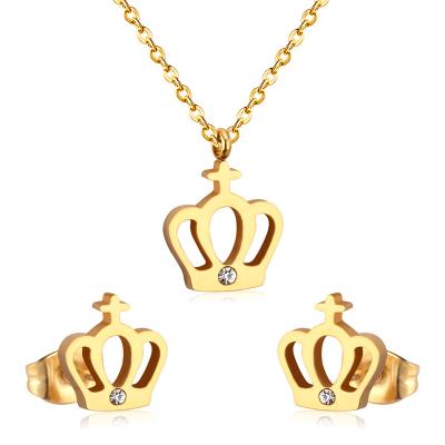 China Eco-Friendly Stainless Steel Jewelry Set Fashionable Crown Zircon Jewelry Women's Statement Dangle Earrings Crystal Jewelry Gold Plated for sale