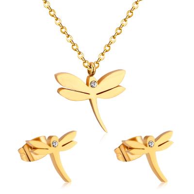 China Eco Friendly Zircon Jewelry Set Women Gift Stainless Steel Jewelry Elegant Dragonfly Type Earrings And Statement Gold Pendant Jewelry Set for sale