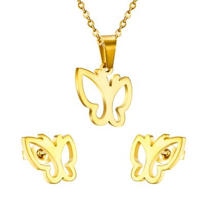 China Cute Women Girls Stainless Steel Jewelry Set Eco-Friendly Fashionable Butterfly Earrings and Statement Pendant Gold Plated Jewelry Sets for sale