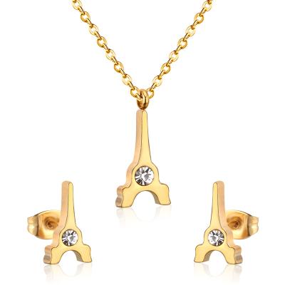 China Wholesale Eco-Friendly Zircon Jewelry Set Women Stainless Steel Jewelry Fashionable Tower Type Earrings And Statement Gold Pendant Jewelry Set for sale