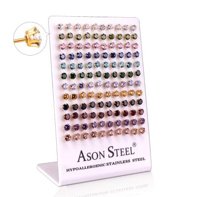 China Zircon Stone Display Card Earring High Quality Lead Free Nickel Free Stainless Steel Gold Plated Earring Studs Type for sale