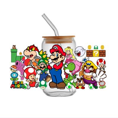 China Custom Made Eco-Friendly Mug Wrap Designs Sticker Cartoon Tumbler Libbey 16oz Glass Can Wrap Dtf UV Mug Wraps Transfers Mario for sale