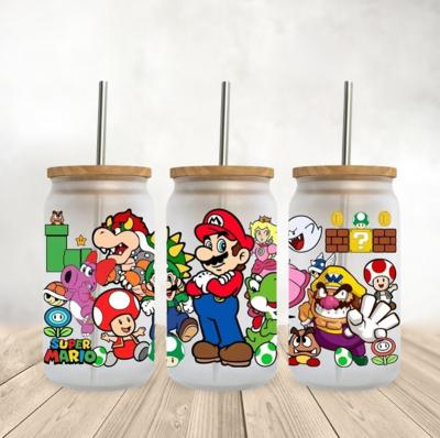 China Waterproof Eco-friendly Custom Design DTF UV Mug Wrap Mario Transfer Stickers For Libbey Glass May Mug Tumbler for sale