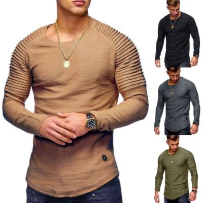 China Anti-Wrinkle Man Stripe Pleat Crew Neck Plus Size Fitness Solid Color Men's Long Sleeve T-shirt For Men for sale