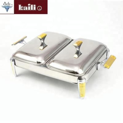 China Commercial Selling Sustainable Kitchen Equipment Restaurant Used Chafing Dishes Gold Foot Tray Cooking With Two Containers for sale