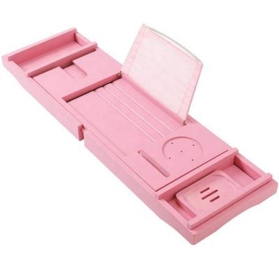 China New Viable Luxury Pink Sides Expanding Bathtub Tray Caddy Extendable Bath Shelf for sale