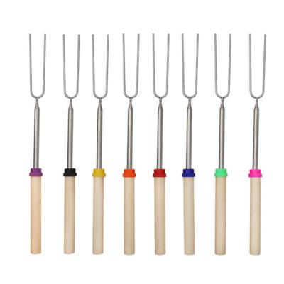 China Easily Cleaned Amazon Set Of 8 Extendable Stainless Steel U Shape BBQ Grill Fork Marshmallow Roasting Sticks With Wooden Handle for sale