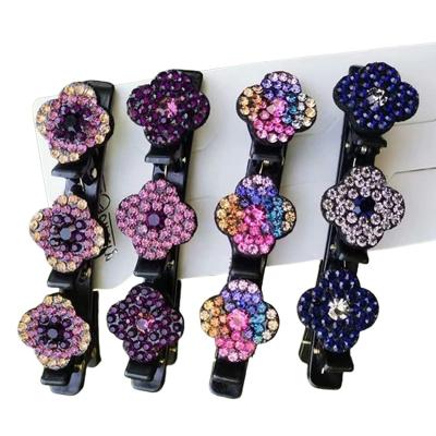 China European and American Style 4Pcs Satin Cloth Hair Bands Glitter Crystal Stone Braided Hair Clips Clover Rhinestone Hair Clips for sale