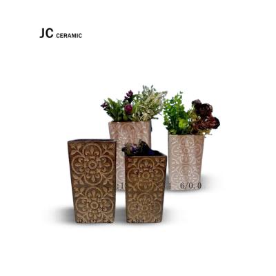 China JC Modern Flower Pot Cement Flower Pots and Planters Vintage Wholesale Decorative Concrete Embossed Square Vases for Home Decor for sale