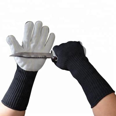 China Stainless Steel High Cut Polyester Anti-cut Toughness Heavy Duty Safety Gloves With Cow Split Leather On Palm Safety Work Gloves for sale