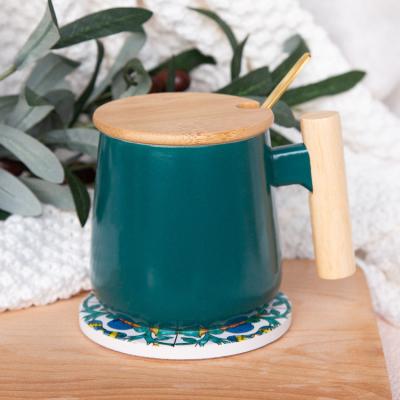 China Sustainable Gloway High Quality Wood Handle Sublimation Ceramic Coffee Mug Cup With Lid and Spoon for sale