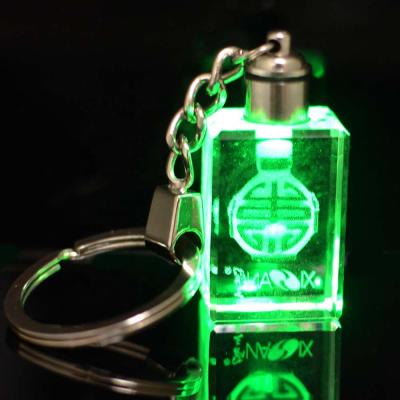 China Lucky Crystal Custom laser engraving glass bottle photo crystal led light key chain with charms for sale