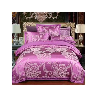 China Purple Nondisposable All Cotton Brocade Satin Comforter Coverlet Cozy Jacquard Embroidered Bedding Set 4pcs for sale