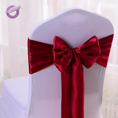 China Wedding Chair decotration BS00042 Wine Red Wedding Banquet Chair Cover Satin Sash for sale