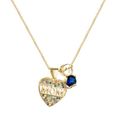 China New Lead Free Mother's Day Gift Colorful Zircon Nickel Zircon Love Heart Mom Necklace 18K Gold Plated Crystal Baby Mom Letter Necklace for sale