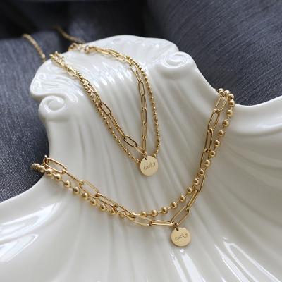 China Lead Free INS Gold Ball Bead Necklace Double Layers Stainless Steel Titanium Steel Paperclip Chain Necklace for sale