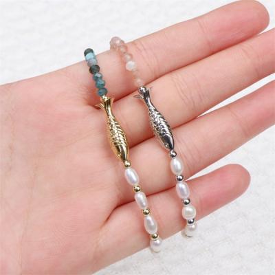 China Vintage ins design real gold plated goldfish charm bracelet adjustable pearl bead fish bracelets for party for sale