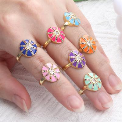 China Rainbow Lead Free Delicate Colorful Zircon Rings Round Seal Geometric Enamel Nickel Rings for sale