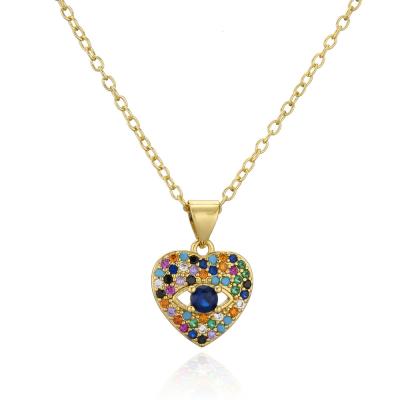 China Nickel Free European Rainbow Cubic Zircon Love Heart Necklace 18k Gold Plated Heart Evil Eyes Necklace for sale