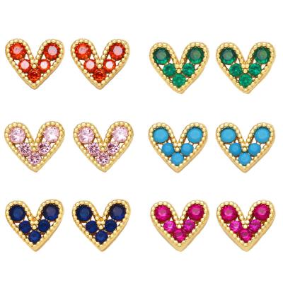 China Simple Design Nickel Free Zircon Heart Stud Earring 18k Colorful Gold Plated Heart Earring For Girls for sale