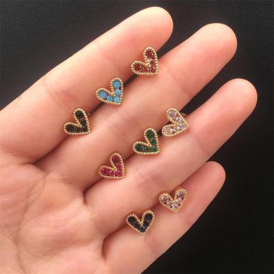 China Lead Free Nickel Free Elegant Pink Cubic Zircon Heart Stud Earring Micro Inlaid Colorful CZ Heart Piercing Earring for sale