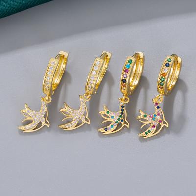 China Nickel Free Gold Lead Free European Circle Fashion Pigeon Earrings Rainbow Zircon Bird Animal Stud Earrings For Girls for sale