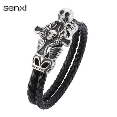 China High Quality Black Magnetic Buttoned Manly Leather Bracelets Model Ships Skull Corpse Pattern for sale