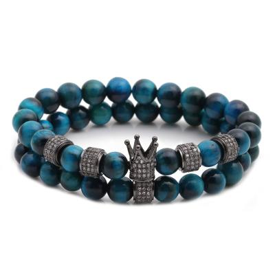 China Latest Design Fashion Classic CZ Matte Blue Tiger's Eye Women's Couple Beads Bracelet High Quality Charm Gel Crown Handmade Beads Bracelet for sale