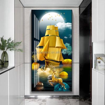 China Waterproof+ECO-Friendly Golden Sailboat Luxury Crystal Wall Art Elks Living Room Porch Decoration Elk Porcelain Crystal Paintings for sale