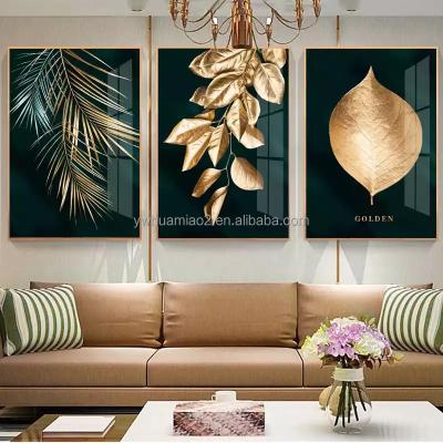 China Waterproof+ECO-Friendly Living Room Decor Green Plant Flower Crystal Porcelain Metal Frame Gold Leaf Canvas Home Wall Art for sale