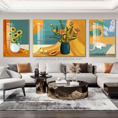 China Aluminum Alloy Modern Sunflower Flower 3pcs Plant Waterproof+ECO-Friendly Plant Porcelain Crystal Painting For Living Room Home Decor Wall Art for sale