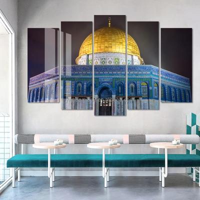 China Waterproof+ECO-Friendly Modern Islamic Wall Art Paintings Islamic Building Picture Crystal Porcelain 5 Panel Print Poster Home Decor for sale